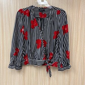 Madewell Black and White Striped Top with Red Floral Accents